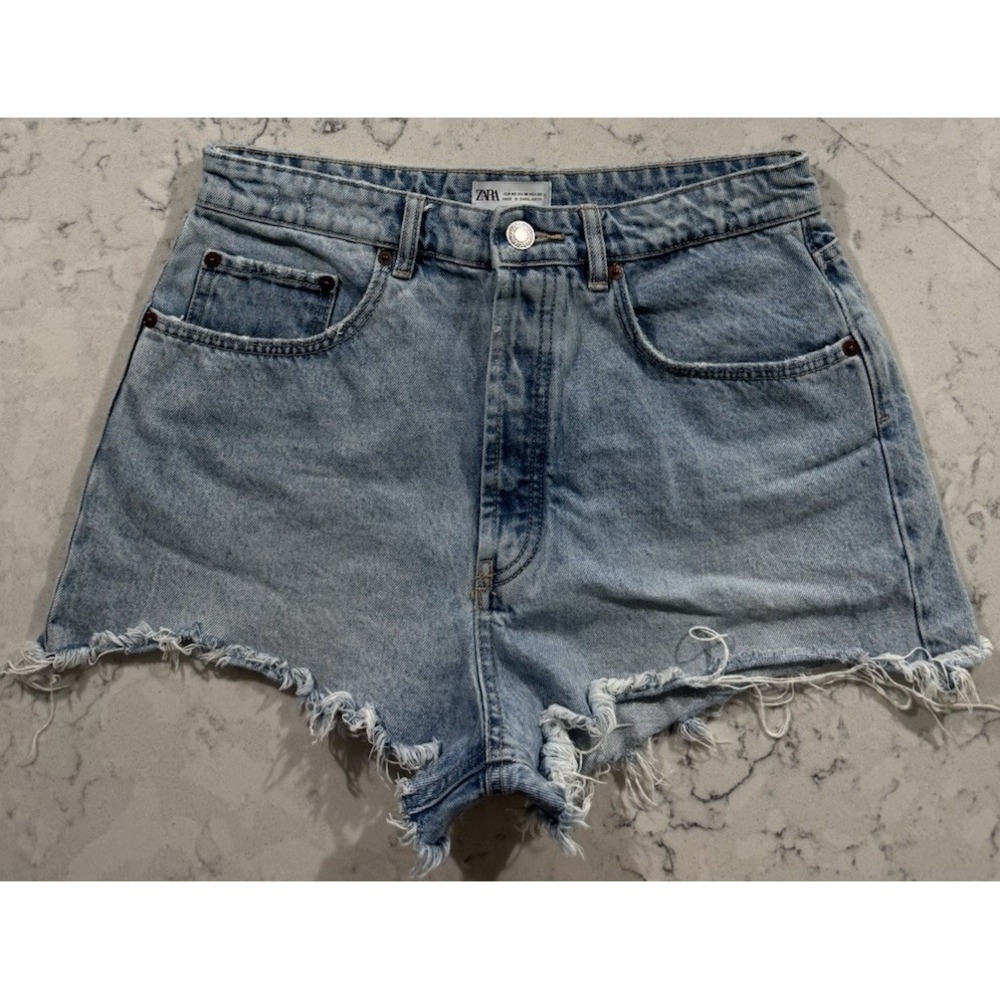 Zara Denim Shorts Womens 10 Blue Light Wash Button Fly Raw Hem Distressed Cutoff